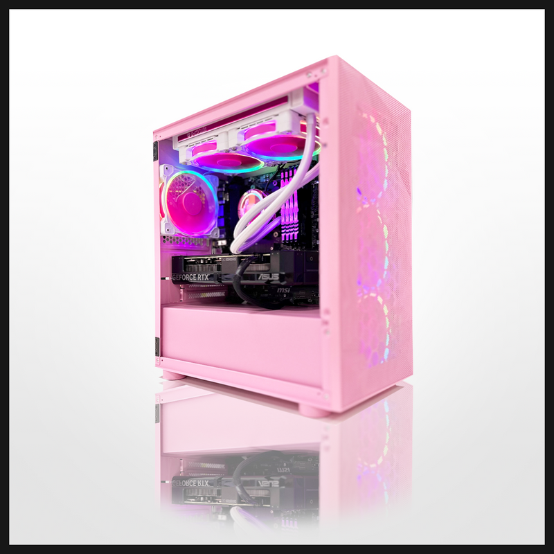 side shot of the pink odyssey airflow pc gaming tower