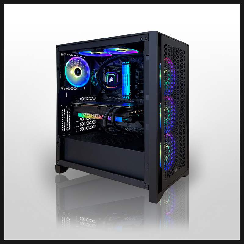 modern gaming pc in black with LED lighting