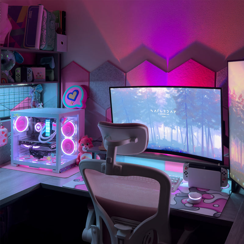 cute pink and white gaming setup