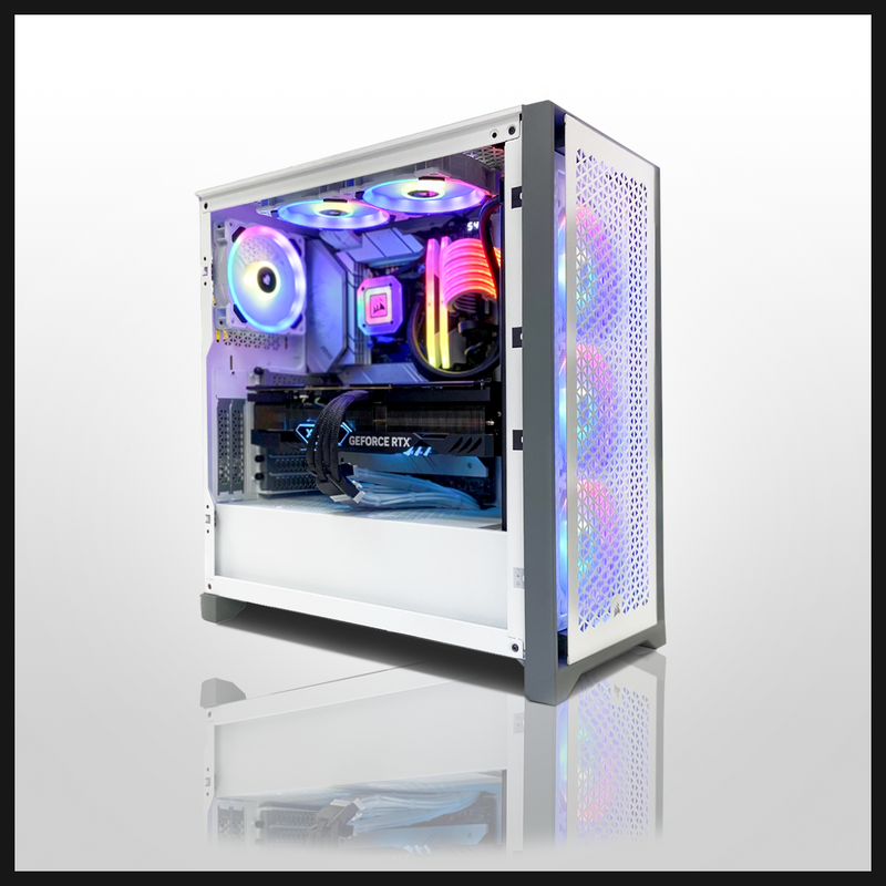 white gaming pc with LED back lighting